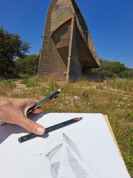 Drawing on location - Sound Mirrors, Denge, Kent, UK
